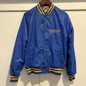 Vintage Daily News Jacket Mens Large Blue Snap Front Bomber Varsity Made USA 90s